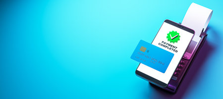 Credit card and smartphone with payment completed screen on a card reader, on a blue background. Concept of digital and cashless transactions. 3D Renderingの写真素材