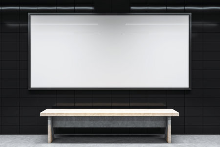 Large blank billboard mockup mounted on black tiled wall with a bench in front, modern subway station interior, empty space for design. 3D Rendering.の写真素材