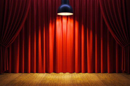 Red curtains with wooden floor illuminated by a spotlight in the center. A blank stage setup with drapes and lighting on a dark background. 3D Renderingの写真素材