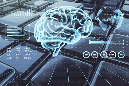 Transparent brain hologram with futuristic data graphs, glowing digital elements on a sleek,...