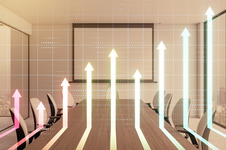 Empty conference room with glowing arrows overlay, light modern background, symbolizing business...
