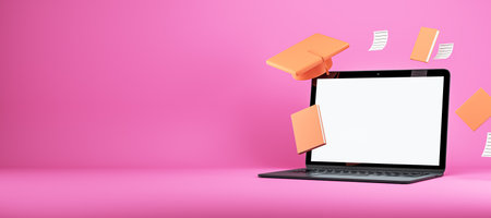 Laptop with blank screen surrounded by floating books and a graduation cap, isolated on a vibrant...