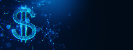 Glowing digital dollar sign composed of blue dots and lines on a dark background, with a polygonal...