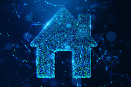 House-shaped symbol glowing with blue particles, surrounded by polygonal connections, on dark background. Concept of smart home. 3D Rendering.の写真素材