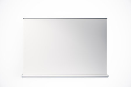 White projector screen with soft gradient light on a plain white background. Concept of technology, presentation, creative design. 3D Rendering.の写真素材
