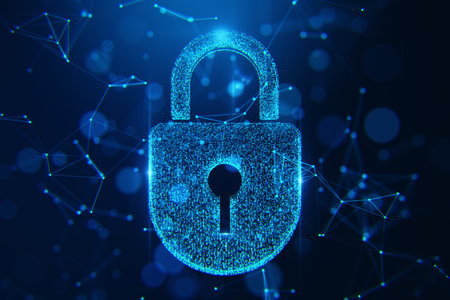 Digital glowing padlock icon on a dark blue background with polygonal network connections,...