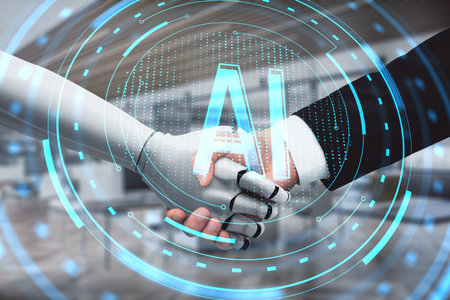 Close up of businessman and robot handshake on blurry office interior background. Machine learning, ai and teamwork concept. Double exposureの写真素材
