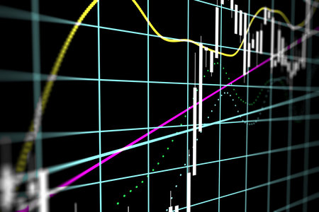 Stock market stats data concept with digital financial chart diagram and candlestick on dark squared background. 3D renderingの写真素材