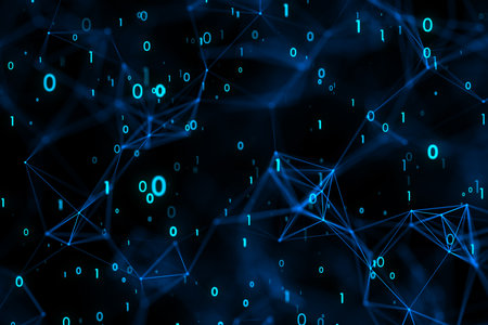 Abstract dark background with binary code, analysis and data transfer concept. 3D rendering
