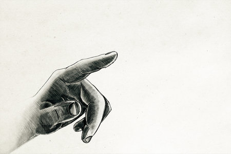 Detailed hand sketch pointing with an extended finger on a light textured background, representing precision and direction conceptの写真素材