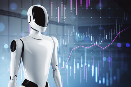 Futuristic robot with glossy design, standing against a digital background displaying financial graphs and charts, concept of fintech and AI. 3D Rendering.の写真素材
