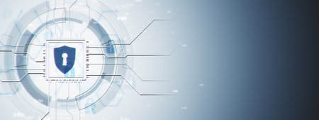 Digital shield icon with a lock, surrounded by wireframe circuit lines on a blue gradient...