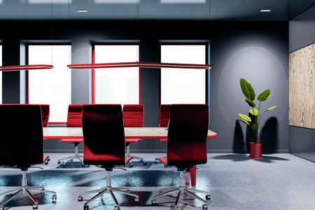Luxurious conference room with red chairs, wood table, dark walls, large windows, city view, potted plant, and polished floor. Business concept. 3D Rendering.の写真素材