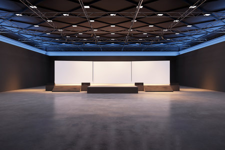 Exhibition stage with blank screens and steps, in a spacious modern hall with dark walls and...