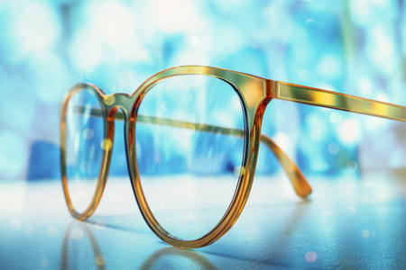 Stylish glasses closeup on reflective surface, artistic blur and bokeh effects, blue background, creative concept of eyewear design. 3D Rendering.の写真素材