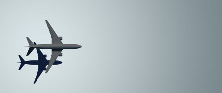 Airplane with shadow cast beneath, minimalist design, light gradient background, concept of travel, aviation, logistics, and branding. 3D Rendering.の写真素材