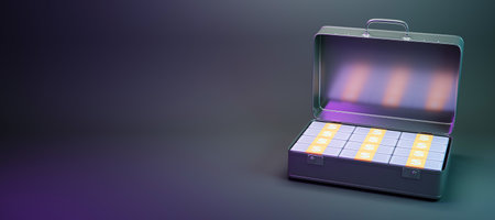 Open metal briefcase filled with stacked money bundles, glowing light, placed on a dark glossy...
