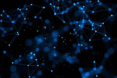 Abstract dark background with polygonal figures and blurred blue dots. 3D rendering