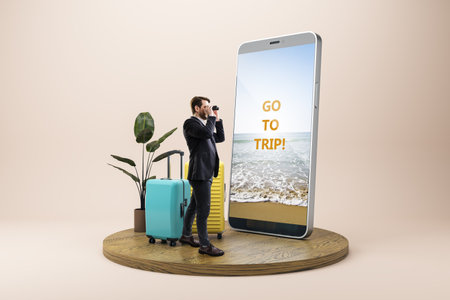 Businessman with luggage and binoculars on wooden platform beside a large smartphone showing a beach scene. Travel and technology conceptの写真素材