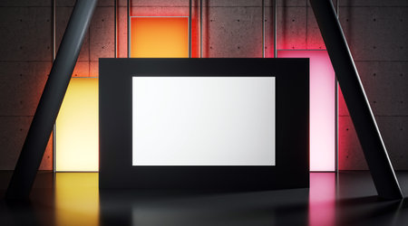 Black frame with blank white space, colorful illuminated panels, concrete wall backdrop, modern concept, 3D rendering, branding styleの写真素材
