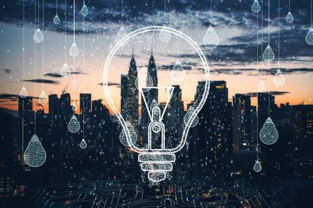 Lightbulb concept overlayed with a city skyline at sunset, glowing digital elements, urban...