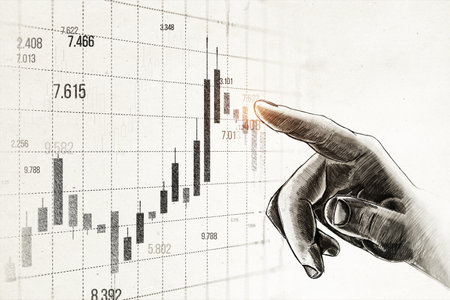 Hand pointing at a forex chart with candlestick data in a sketched style, shown on a light textured background, symbolizing economy and growthの写真素材