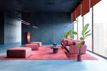 Waiting area with red sofas, ottomans, plants, and warm lighting in a modern office lobby. Blue...
