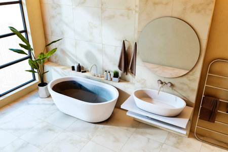 Luxurious modern bathroom with white bathtub, round mirror, tropical plant, marble tiles, and sunlight through a window. Concept of elegance. 3D Rendering.の写真素材