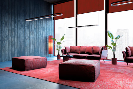 Office waiting area with red furniture, large windows, blue wooden walls, plants, and modern...