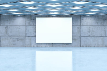 Blank white canvas on a concrete wall, reflective floor, geometric ceiling lights, spacious...