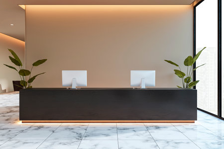 Reception desk with black counter, two computers, marble floor, plants, and modern design in a spacious office lobby, light background. 3D Rendering.の写真素材