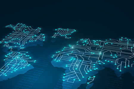 Mining and global blockchain technologies concept with perspective view on digital graphic world map...