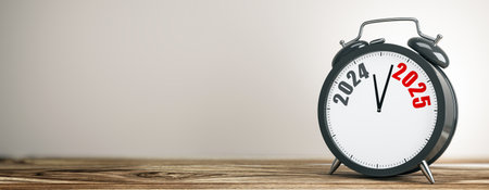 Black alarm clock with 2024 and 2025 on its face, placed on a wooden table, against a neutral beige...