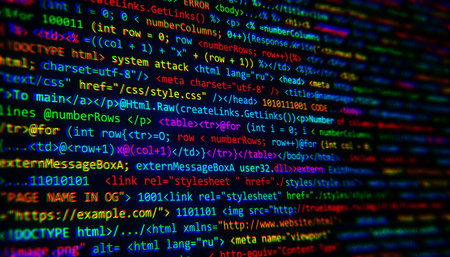 Programming code lines in vibrant colors on a black digital screen, showcasing software development...