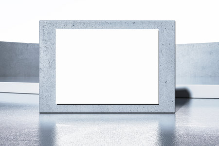 Concrete frame with white center, reflective ground, modern outdoor design, abstract background,...