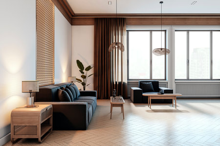 Modern living room with wooden decor, cozy furniture, large windows, and natural light. Contemporary...