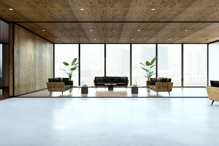 Spacious modern lounge with wooden walls, large windows, indoor plants, and stylish furniture. Contemporary open office concept. 3D Rendering.の写真素材