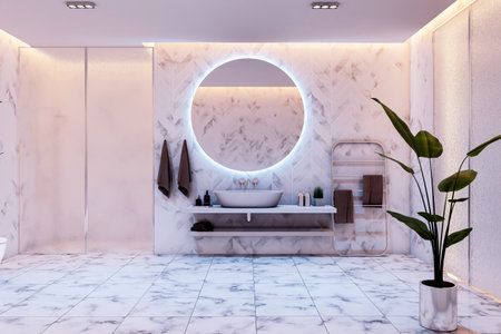 Luxurious marble bathroom with backlit round mirror, sleek vanity, soft lighting, and indoor plant, emphasizing modern elegance and relaxation. 3D Rendering.の写真素材
