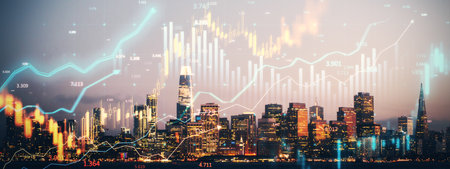 San Francisco skyline with glowing financial charts overlay, showcasing rising data trends. Concept of real estate, investment, and growth. 3D Rendering.の写真素材