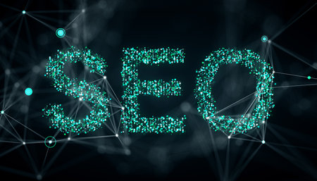 SEO text with glowing particles, digital style, on a dark background, featuring interconnected digital lines and nodes, concept of technology. 3D Rendering.の写真素材