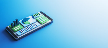 Smartphone with 3D-rendered financial charts and graphs, colorful bars and pie, on gradient blue background. Concept of mobile trading. 3D Rendering.の写真素材