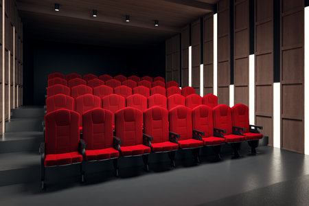 Rows of red cinema seats in a modern theater interior with wooden panels, dark flooring, and soft lighting, creating a cozy atmosphere. 3D Rendering.の写真素材