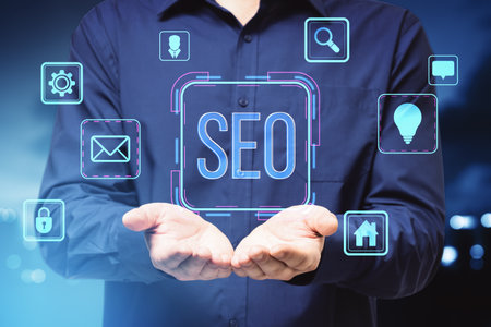 Businessperson presenting SEO holographic icons, modern digital graphics, blue background. Concept...