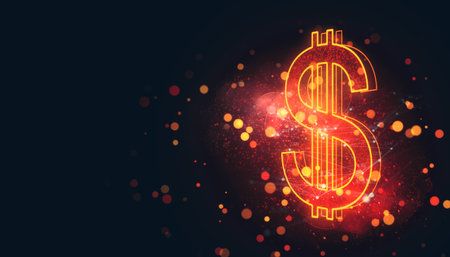 Glowing orange dollar sign with a neon effect, surrounded by bokeh lights on a dark background. Concept of finance, currency, or digital economy. 3D Rendering.の写真素材