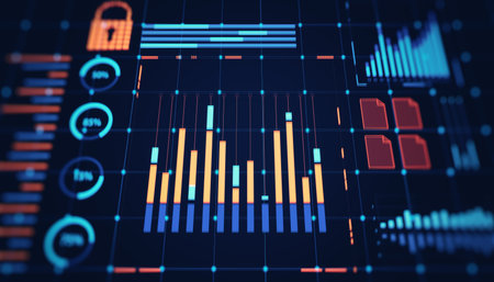 Digital interface with vivid bar graphs, data charts, and analysis tools on a dark background,...