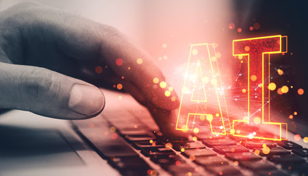 Hand on keyboard with glowing AI text and digital effects, futuristic design, dark background,...
