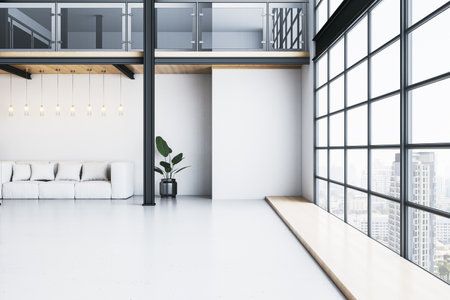 Spacious modern white interior with a couch, potted plant, hanging lights, glass windows, city skyline view, and clean contemporary design. 3D Rendering.の写真素材