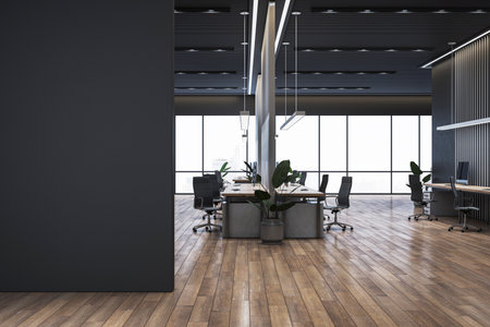 Contemporary office interior with wooden floor, minimal furniture, large windows, and greenery. Concept of corporate workspace design. 3D Rendering.の写真素材