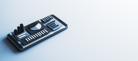 Smartphone displaying 3D bar and pie charts, financial data on screen, on gradient background. Concept of fintech, business, and modern analytics. 3D Rendering.の写真素材