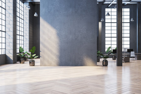 Spacious modern office interior with large windows, natural light, wooden flooring, green plants,...
